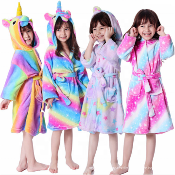 Kids cartoon Unicorn flannel fleece girls hooded bathrobes